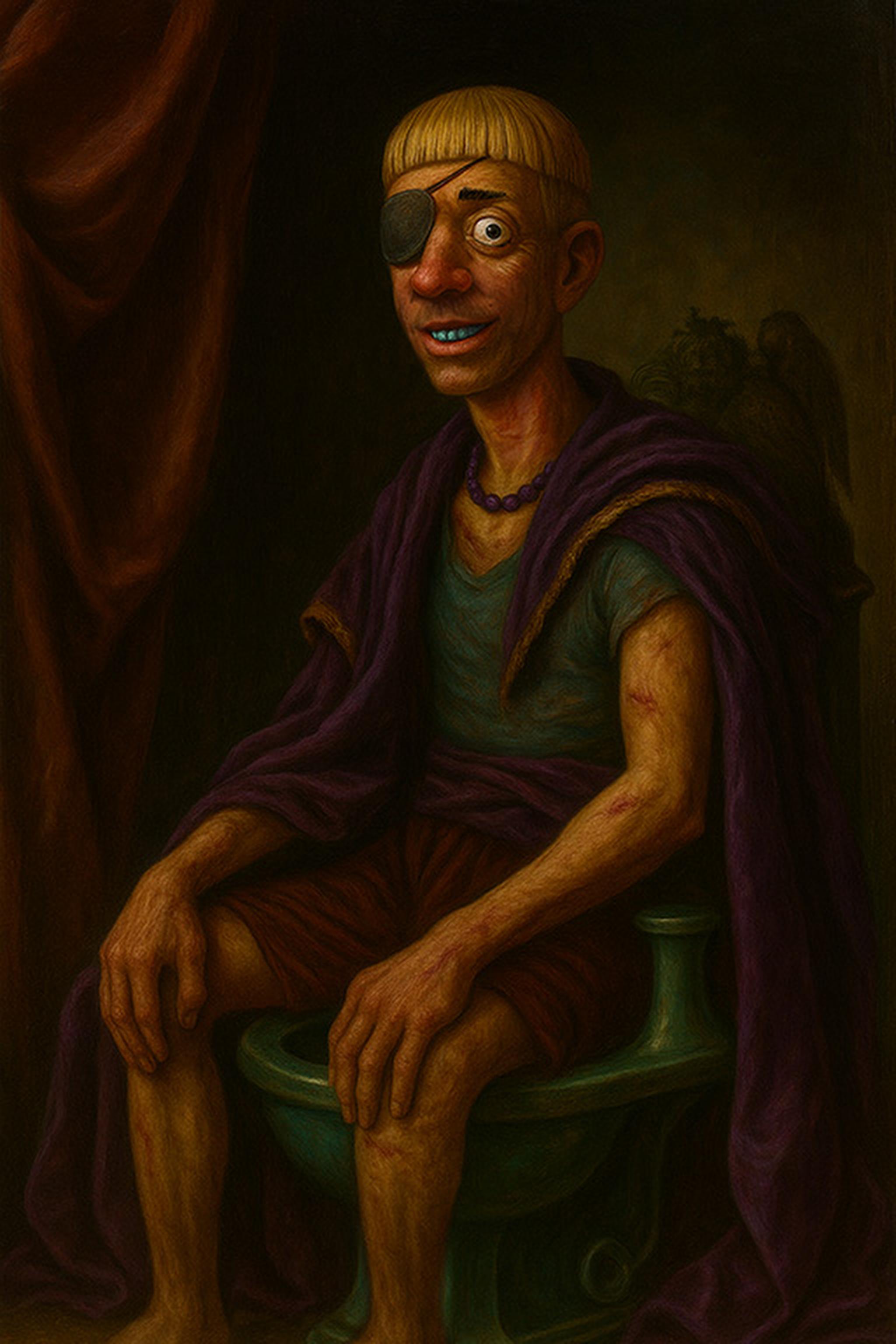 Retrato al óleo de Patus Klei sentado en su bidet sagrado, 1947