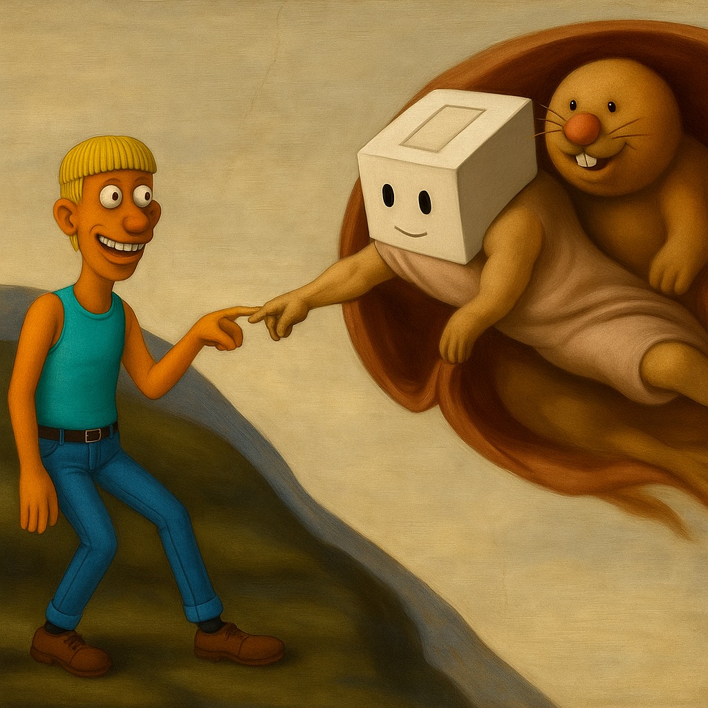 Pintura de Patus Klei extendiendo el dedo hacia Rodolfa Muschi Klei, su topo, al estilo de La Creación de Adán